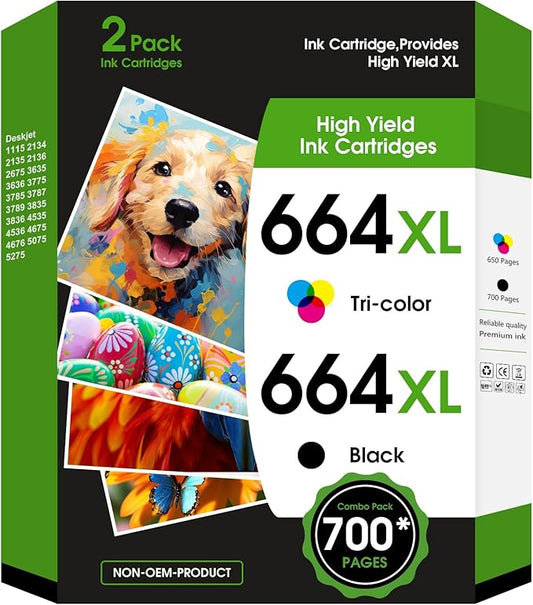 664XL Ink Cartridge Replacement for 664 664XL 664 XL Ink Cartridges Black and Color for DeskJet Ink Advantage 1115 2135 2138 3635 3636 3638 4535 4536 4538 4675 4676 4678 Printer Ink 2 Pack