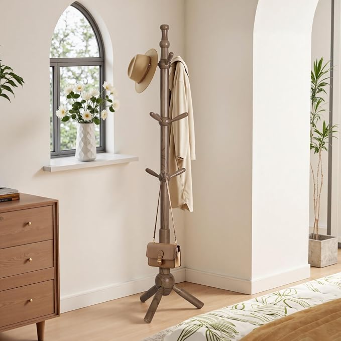 Wooden Coat Rack Stand - Coat Rack Freestanding with 9 Hooks, Adjustable Height, Clothes Hat Organizer, Heavy Duty Coat Hanger Stand for Bedroom, Entryway, Hallway, Office, Dorm, Walnut