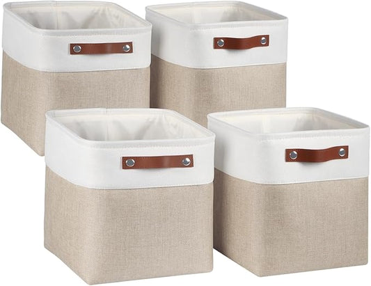 Univivi 4 PC Foldable Storage Baskets,10.5 inch Fabric Storage Bins for Shelf with Hard Bottom,Storage Baskets with PU Handles Cube Storage Bins for Closet Organizing (Khaki)