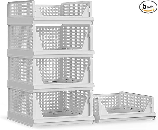 Proarea 5 Pack Stackable Plastic Storage Basket Closet Organizer Bin Foldable Clothes Organizer Storage Drawer Shelf Container for Living room Bathroom Kitchen Office (3L+2S)