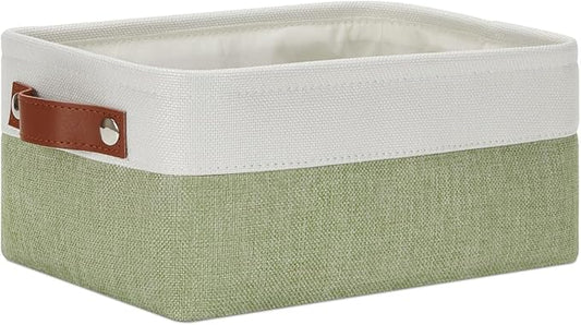 DULLEMELO Small Storage Basket, Fabric Collapsible Gift Storage Basket for Shelves, Closets, Nursery, Home, Office Organizing, Small Canvas Linen Rectangular Storage Bin with Handles (White&Green)