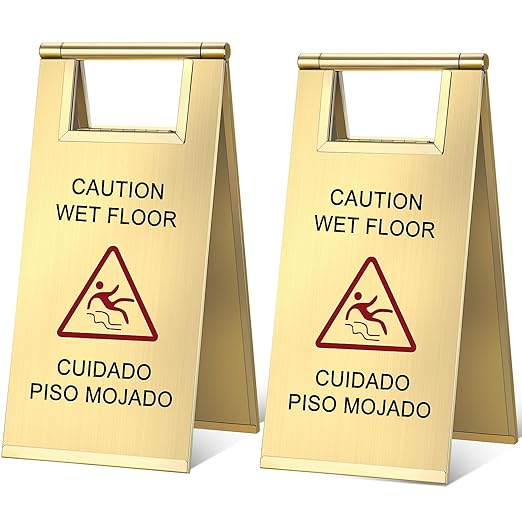 Kigley 2 Pcs Wet Floor Sign, 17 Inch Stainless Steel Caution Wet Floor Sign Double Sided Portable Foldable Bilingual Safety Warning for Hotel Market Restroom Restaurant Office (Gold)