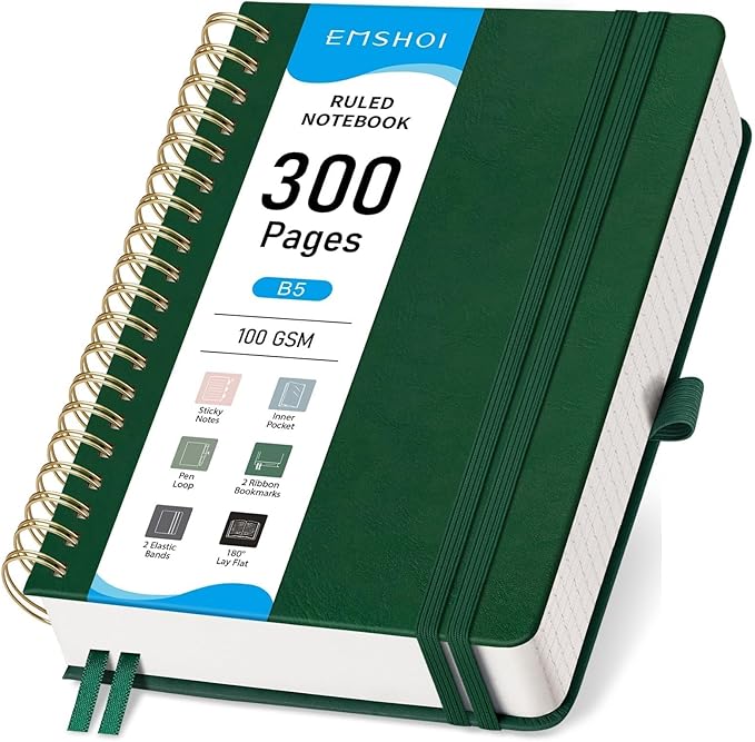 EMSHOI B5 Hardcover Leather Spiral Notebook College Ruled, 300 Numbered Pages, 100 GSM Thick Paper - Lined Journal for Men Women Work, Writing & Note-Taking, 7.48"x10.15", Dark Green