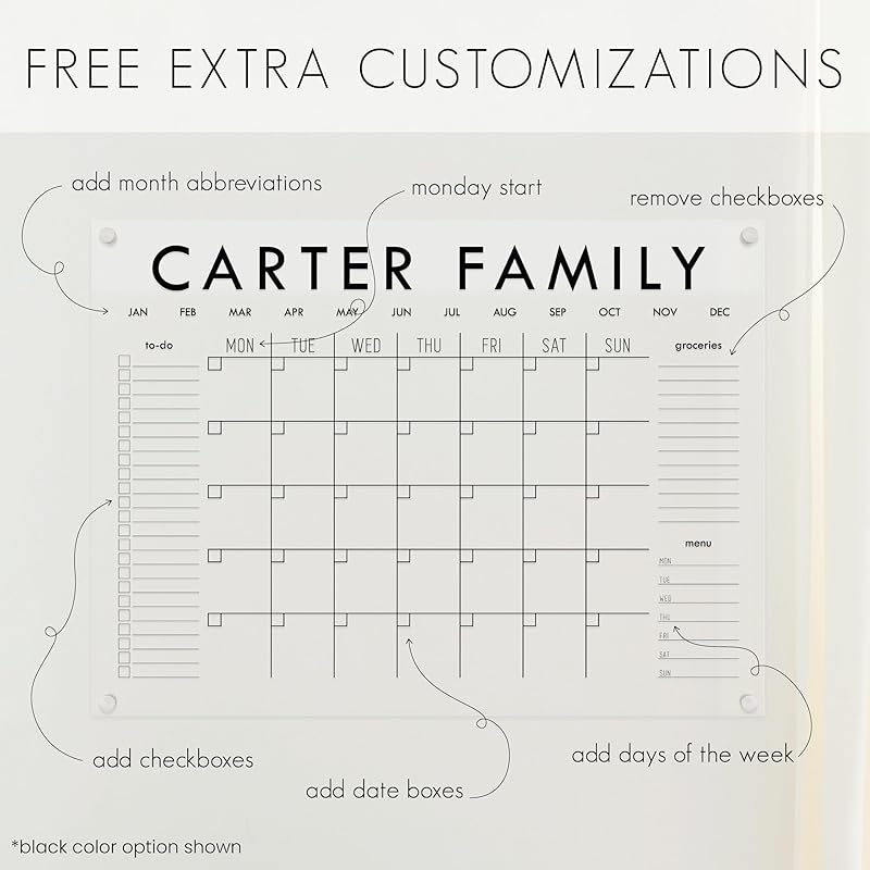 Personalized Clear Acrylic Calendar for Wall, Calendar Whiteboard for Wall, Dry Erase Wall Calendar, Wall Calendar Organizer System for Home (Block, Black, 47.5"W x 36"H)