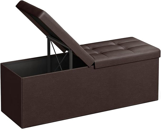 SONGMICS MAZIE Collection - 43 Inches Storage Ottoman Bench with Flipping Lid, Storage Chest with Iron Frame Support, Load 660 lb, for Living Room, Bedroom, Synthetic Leather, Brown ULSF75BR