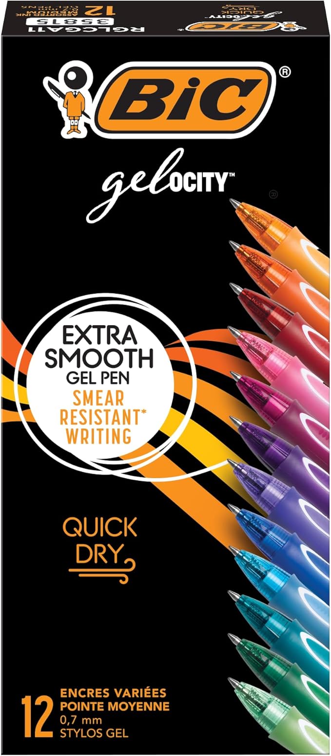 BIC Gelocity Quick Dry Gel Pens with Vivid colors and Smooth Writing, 0.7 mm Medium Point, 12-Count in Assorted Ink