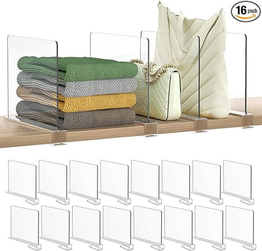 Shelf Dividers Purse Organizer for Closet: 16-Pack Acrylic Bag Storage Organizer for Handbags, Clutches, Clothes, Sweater, Towel on Wood Shelves