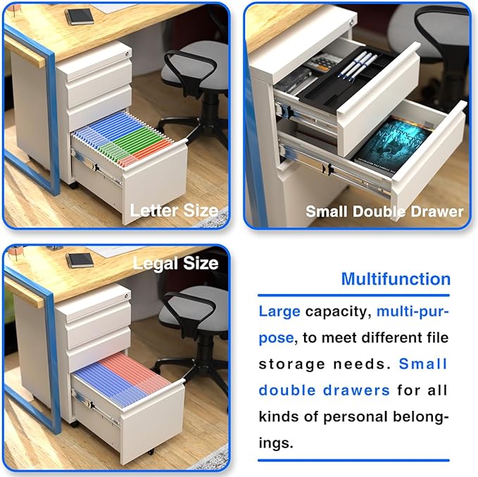 3 Drawer Mobile File Cabinet with Lock, Under Desk Metal Filing Cabinet for Hanging Files Letter/Legal/A4 Size for Home Office, Fully Assembled Except Wheels, White