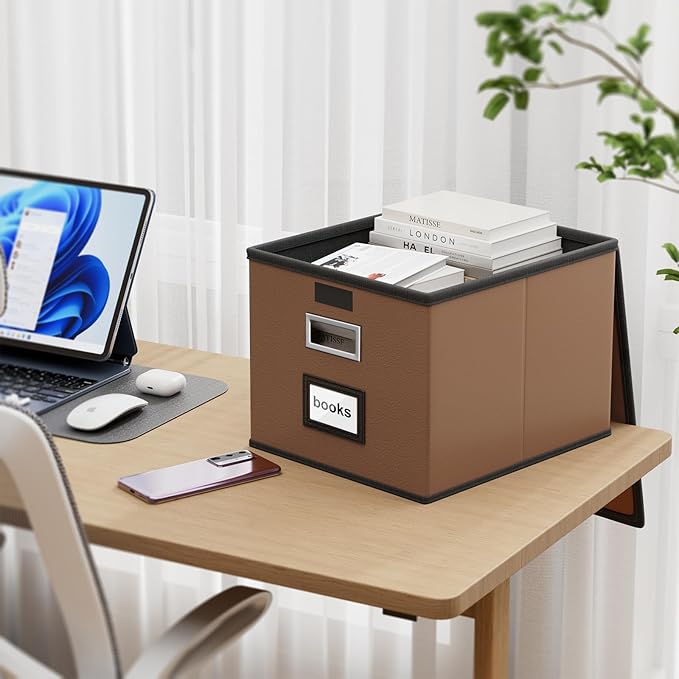 Huolewa Faux Leather File Organizer Box with Lid, Collapsible Hanging File Folder Box Organizer with Plastic Slides, Decorative Home/Office Filing System Boxes for File and Folder Storage-Brown
