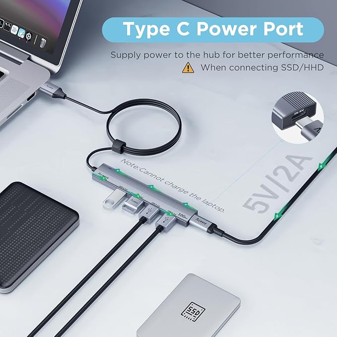 Aceele 10Gbps USB 3.2 Hub with 4 USB A 3.2 Ports, USB 3.2 Gen 2 Splitter with 4ft Extented Long Data Cable and Type-C Power Port, for Chromebook,Surface Pro 3,iMac,PS4 Flash Drive Data and More