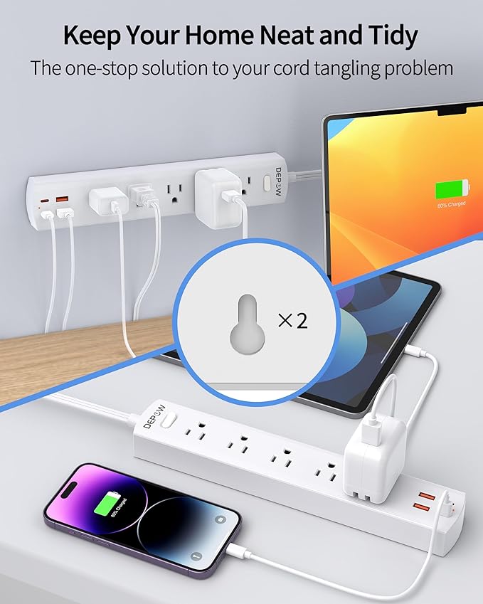 Power Strip Surge Protector with 5 AC Outlets(1875W/15A) 4 USB Ports (2 USB C), 5 Ft Ultra Thin Extension Cord, Low Profile Flat Plug, 1700 Joules, Wall Mount for Home Office, White