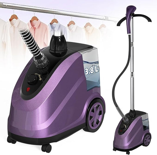 X-Large 3.8L Water Tank Steamer for Clothes, 1500W Powerful Standing Garment Steamer, 90 Mins Continuous Steaming, 45s Fast Heat-Up, Wheels for Easy Movement