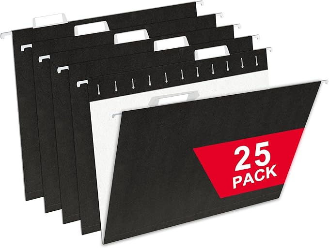 Black Hanging File Folders,25 Packs Letter Size File Folder,Designed for Bulky Files,Filing Cabinet,1/5 Adjustable Tabs for Office,School,Home