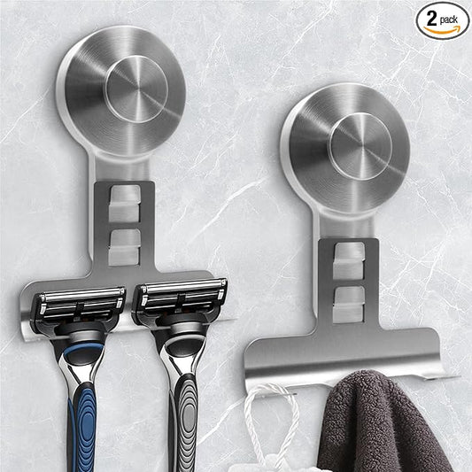 Suction Cup Razor Holder for Shower Wall 2 Pack,Heavy-Duty 15lbs Suction Hooks for Razor,Towel,Phone,Loofah, Removable Damage-Free Metal Shower Hook,Shaver Holder(Silver)