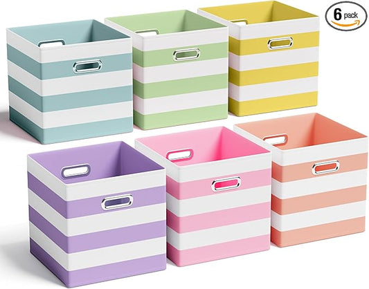 6 Pcs Fabric Storage Cubes Bins with Metal Handle Christmas Storage Bin 11 Inch Macaron Colored Striped Collapsible Bins Holiday Storages Organizer for Gift Books Kids Room Closet and Toys
