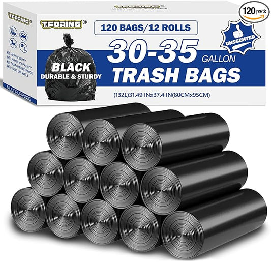 30-35 Gallon Black Trash Bags 120 Count - 32" x 37" Large Garbage Bags, 30+ Gallon Strong Trash Can Liners for Home, Commercial Use,Yard Waste, Bulk
