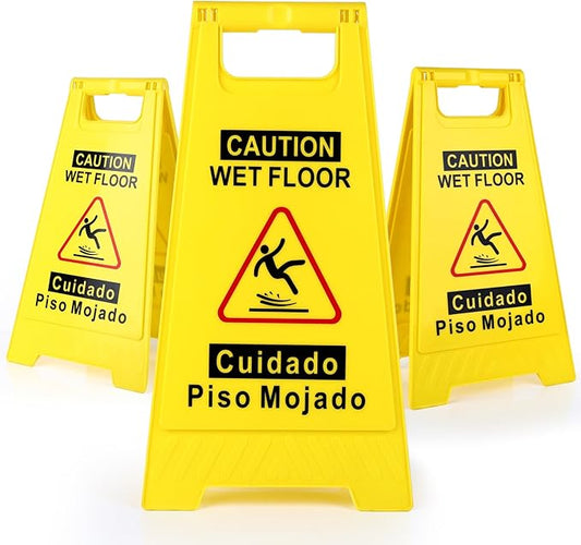 3-Pack Caution Wet Floor Sign,17.5" Height,Bright Yellow Double-Sided Folding A-Shaped Frame Design, Bilingual Caution Message