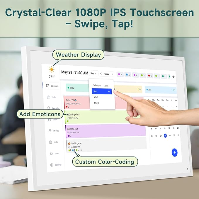 21.5 Inch Smart Digital Calendar – Electronic Chore Chart & Planner with 1920x1080P IPS Touchscreen, Weekly/Monthly Family Organizer for Wall or Desk, White 2025 New Version