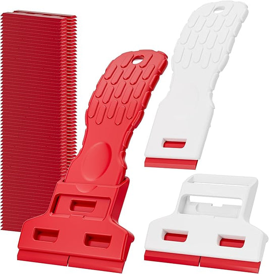 Dual-Width Plastic Razor Blade Scraper Tool Non Scratch - 2-Pack With 100 Blades, Single Or Double Wide Head, Removes Stickers, Labels, Decals, Adhesive & Paint On Glass, Cooktops, Car Windows & Tiles