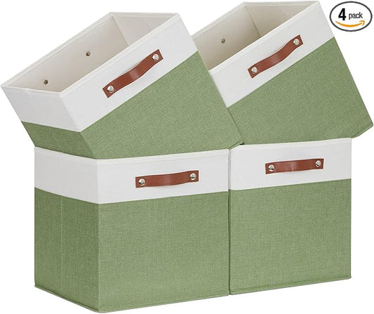 Temary 13 Inch Cube Storage Bin 4 Pack Fabric Storage Cubes Fabric Storage Bin for Shelf, Cube Storage Basket with Leather Handles(White&Green)