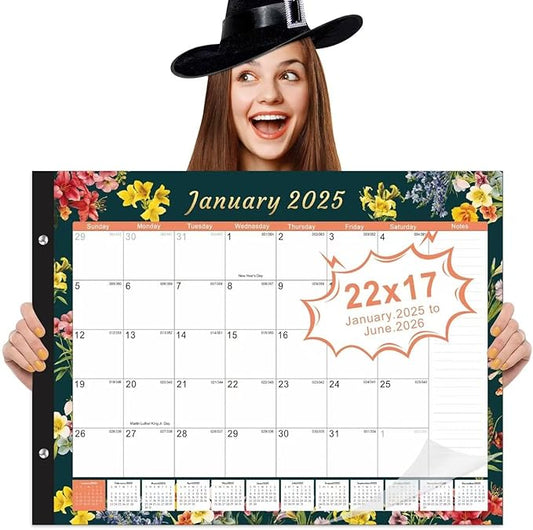 Gannyfer Desk Calendar 2025-2026, Large 22"x17" Desktop Calendars 18 Month Jan 2025 - Jun 2026, Monthly Planner Pad with Plastic Cover -Dark Floral