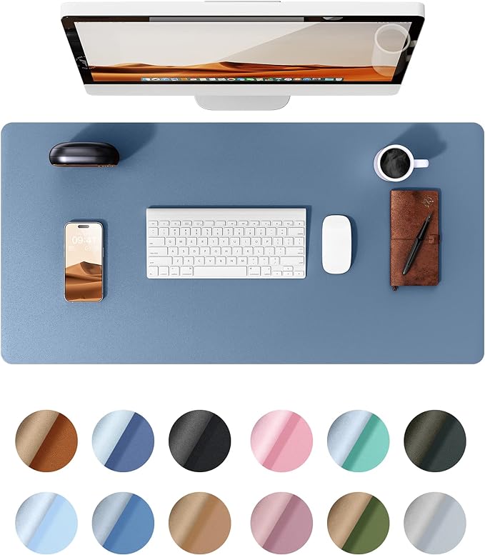 YSAGi Leather Desk Protector, Office Mat, Large Mouse Mat, Non-Slip PU Leather Blotter, Laptop Desk Pad, Waterproof Writing Pad for Office and Home (Blue, 35.4" x 17")