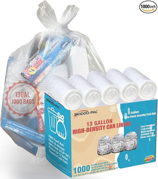 Trash Bags 13 Gallon, 1000 Count Bulk Value Pack, Clear Plastic Recycling Garbage Bags, Multi-purpose Tall Kitchen Trash Bags Can Liners for Business Home Commercial and Industrial