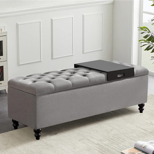 Storage Ottoman 50.2 Inches Upholstered Fabric Storage Ottoman Bench，Button Tufted Ottoman with Storage for Living Room，Bedroom End of Bed Bench Withstands 301lbs(Grey-TP)