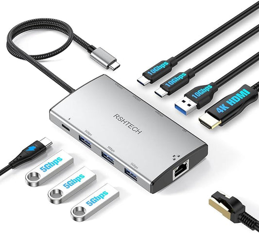 RSHTECH 9-in-1 USB C Hub Multiport Adapter with 4K HDMI, 10Gbps USB-3.2 Ports(2C + 1A), 3 USB-3.0 5Gbps Data Ports, 100W PD, Gigabit Ethernet, Aluminum USB-C Dongle for MacBook, Laptops and More