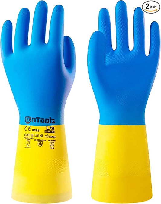 2 Pairs Neoprene and Rubber Blend Heavy-Duty Chemical Gloves, Protective industrial gloves for Resist Acid, Alkali, Hazmat, cleaning, dishwashing, X-Large
