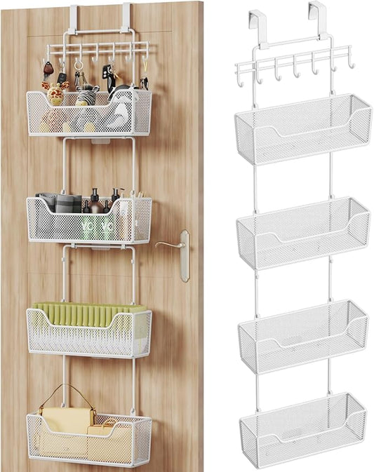 HapiRm Over Door Organizer Storage - Hanging Door Organizer with 4 Metal Large Capacity Baskets and Adjustable Coat Hook for Bathroom Bedroom Kitchen Pantry Closet Cabinet