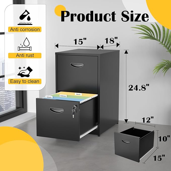 2 Drawer File Cabinets,Metal Office File Cabinet with Lock,Black Filing Cabinets for Home Office,Vertical Modern File Cabinet Office Two Drawers for Hanging Letter,Assembly Required