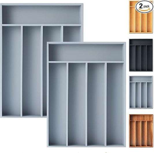 Silverware Organizer, 2 Pack 10 Inch Utensil Organizer Kitchen Drawer Organizer Bamboo Silverware Holder Cutlery Tray Organizer in Drawer Flatware Organizer Tray(5 slots, Gray）