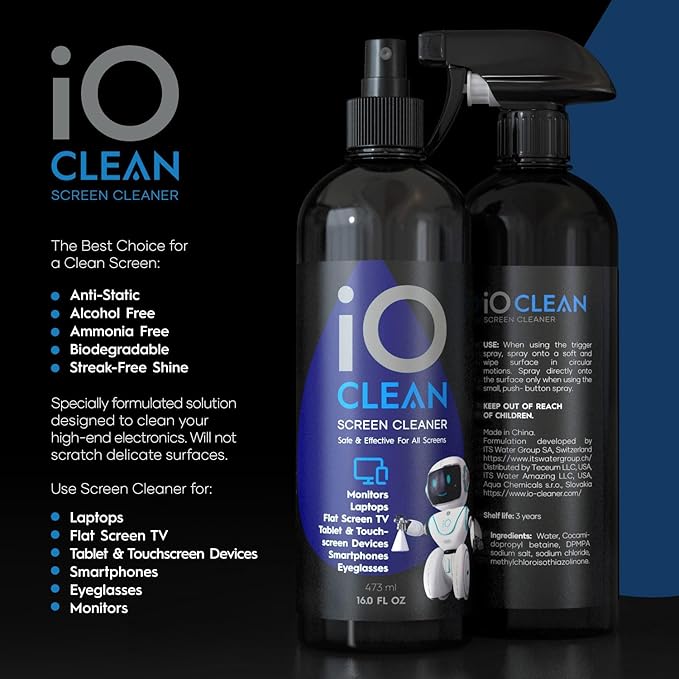 Screen Cleaner Spray (16oz - 473ml) – Best Large Cleaning Kit for LCD LED OLED TV, Smartphone, iPad, Laptop, Touchscreen, Computer Monitor, Electronic Devices, 3 Microfiber Cloths and 2 Nozzles