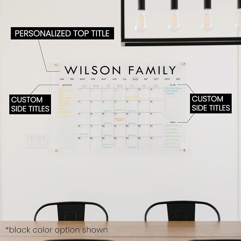 Personalized Clear Acrylic Calendar for Wall, Calendar Whiteboard for Wall, Dry Erase Wall Calendar, Wall Calendar Organizer System for Home (Block, White, 31"W x 23"H)