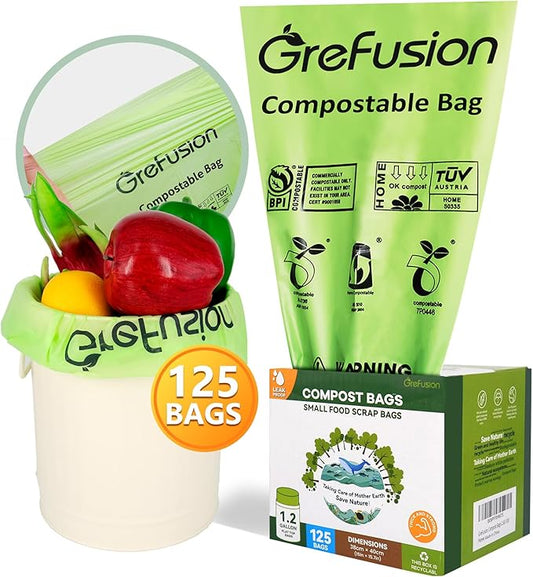 GreFusion Compostable Bags for Kitchen Compost Bin, 1.2 Gallon, 125 Count, Certified by BPI and ASTM, Leakproof and Odor Control