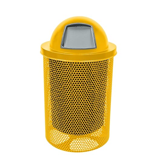 COATEDOUTDOORFURNITURE Coated Outdoor Furniture 32-Gallon Heavy-Duty Punched Steel Round Trash Receptacle, Commercial Outdoor Waste Bin with Liner & Dome Lid – Made in America (Textured Yellow)
