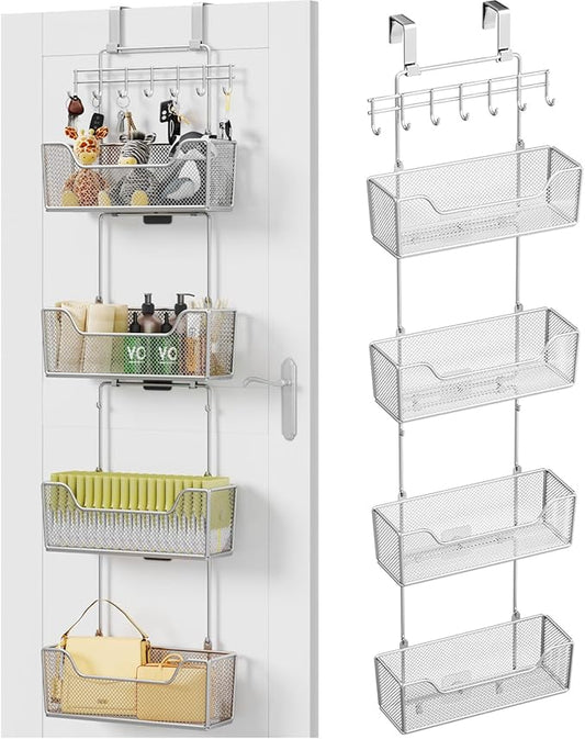 HapiRm Over The Door Organizer - Hanging Door Organizer with 4 Metal Large Capacity Baskets and Adjustable Coat Hook for Bathroom Bedroom Kitchen Pantry Closet Cabinet
