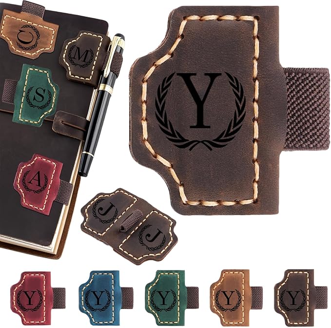 Artlaza Personalized Magnetic Leather Bookmark with Pen Holder - 26 Letters Custom Book Mark with Name Initial Engraved Book Marker for Readers, Book Lovers, Travelers - Gift for Women & Men(Brown，Y