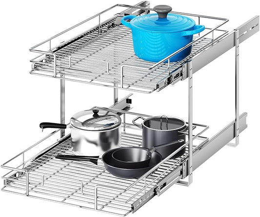 2 Tier Individual Pull Out Cabinet Organizer 19½" W x 21½" D, Heavy Duty Cabinet Pull Out Shelves, Slide Out Drawers Organization for Kitchen Cabinets Bathroom