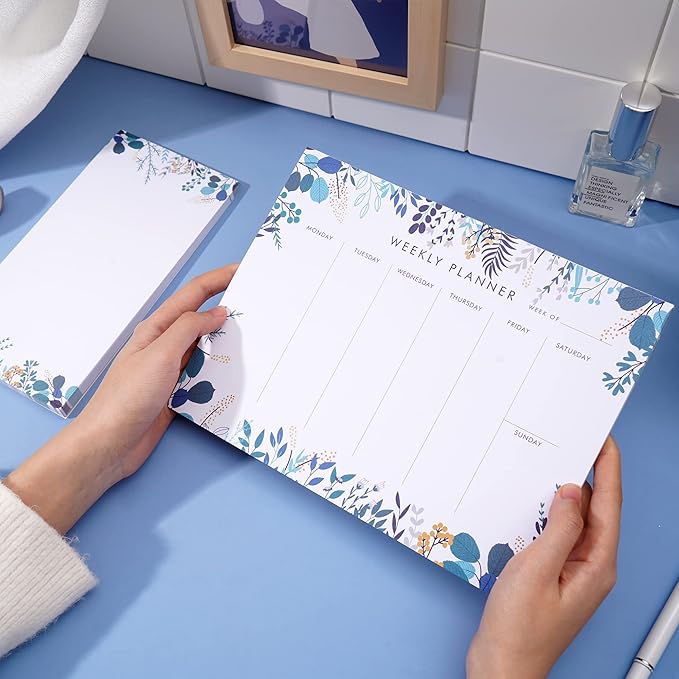 Weekly Planner Notepad Tear Off Set of 2 Weekly Calendar Pad 52 Undated To Do List Notepad Sheets Desk Planner Planning Pads Productivity Tracker for Work Goals Notes Schedule Ideas, Floral Blue