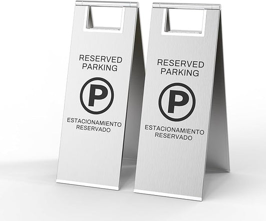 Reserved Parking Sign – Foldable Heavy Duty Plastic A-Frame with Bold “P” Symbol, Bilingual English & Spanish – 24" Tall Reserved Spot Marker for Storefront, Driveway, Garage – Silver