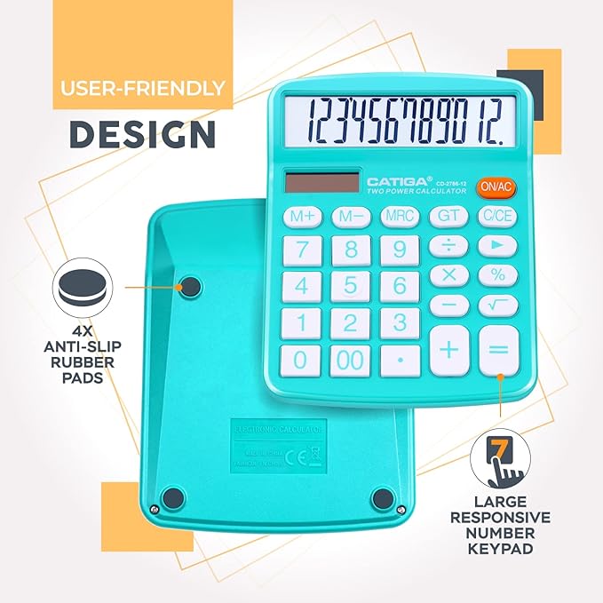 CATIGA Desktop Calculator (2 Pack) 12 Digit with Large LCD Display and Sensitive Button, Solar and Battery Dual Power, Standard Function for Office, Home, School, CD-2786 (Light Blue/Light Pink)