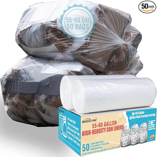 55-60 Gallon Trash Bags, 50 Count Bulk, Heavy Duty Clear Plastic Recycling Bags, Multi-purpose Garbage Bags for home Commercial, Outdoor, Construction, Industrial, Lawn, Leaf