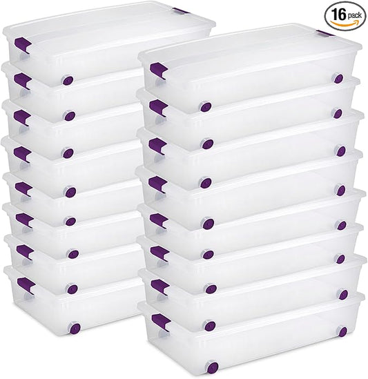Sterilite 16-Pack 60 Quart ClearView Latch Box, Wheeled Underbed Organizer Bins with Latching Lids - Clear Plastic Organization Containers for Closet, Bedroom, Shelving Units and Everyday Home Storage