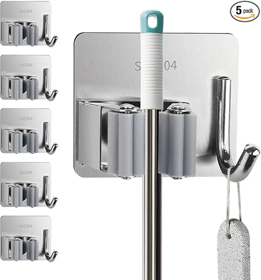 5 Pack Mop and Broom Holder Wall Mount, Silver Stainless Steel Mop and Broom Hanger with Hooks, Mop Broom Organizer for Closet Laundry Garage Garden Tool Organizer