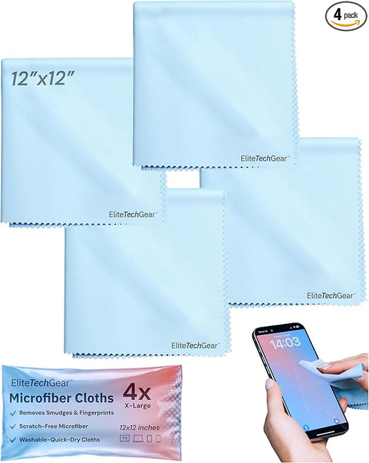 Elite Screens Microfiber Cleaning Cloth - 12 x 12 in, Pack of 4, Blue - Glasses Cleaning Cloth & Lens Wipes for Eyeglasses & Screens