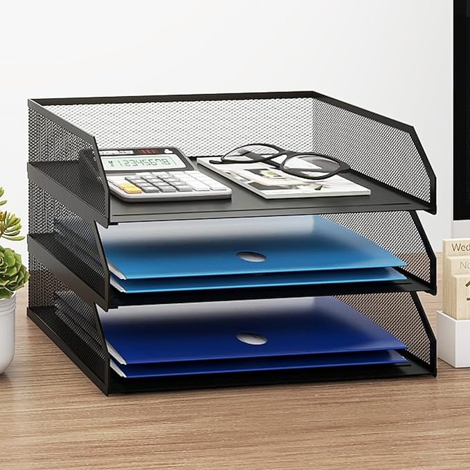 Natwind 3-Tier Stackable Paper Tray, Metal Mesh Desktop Organizer, A4 Desk Organizer, Stackable Letter Trays, File Folder Sorter Organizer with Sliding Tray for Home, Office, School (Black)