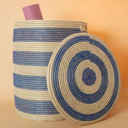 Storage & Organization - Laundry Basket, Bedroom Hamper, Nursery Toys Bin, Living Room Blankets Storage, Decorative, Wicker, Sturdy, Round, Handles, Woven, Blue Beige (Extra Large)