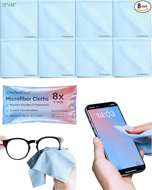 Elite Screens Microfiber Cleaning Cloth for Glasses - 12 x 12 in, Blue, 8-Pack - Lens & Screen Cleaning Cloth for Eyeglasses, Sunglasses & Electronics